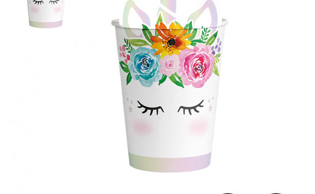 VASO CARTÃ“N UNICORNIO IRISDISCENTE 270CC 6UDS