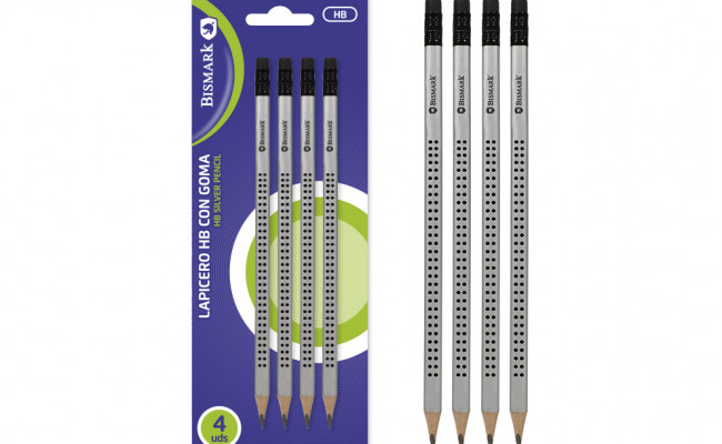 LAPICERO HB C/GOMA DOTS PLATEADO BLISTER 4 UDS